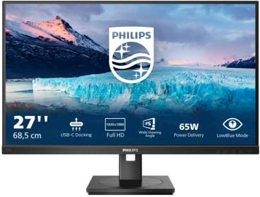 Philips 273S1 Monitor docking da 27 pollici, FHD, USB-C docking 65W PD, IPS, TUV Eye comfort, regolabile in altezza, altoparlanti, senza sfarfallio (1920x1080, 300cd/m², HDMI 1.4/DP 1.2/USB-C, RJ45)