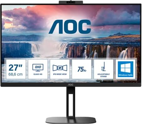 AOC Q27V5CW Monitor da 27 Pollici QHD, Webcam, Speaker, Regolabile in Altezza (2560 x 1440, 75 Hz, HDMI, DisplayPort, USB-C, USB Hub) Nero