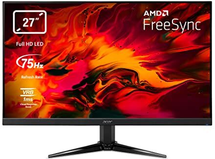 Acer Nitro QG271bii Monitor Gaming FreeSync da 27", Display Full HD, 75 Hz, 1 ms, 16:9, HDMI 1.4, VGA, Lum 300 cd/m2, ZeroFrame, Cavi VGA, HDMI Inclusi, Nero