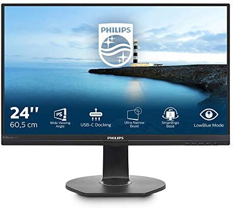 Philips 241B7QUPBEB Monitor LED 24", Full HD 1920 x 1080, IPS, Dock USB-C, Regolabile in Altezza, Girevole, Pivot, Hub USB, RJ45, Powersensor, Low Blue Mode, Flicker Free, Vesa, Nero