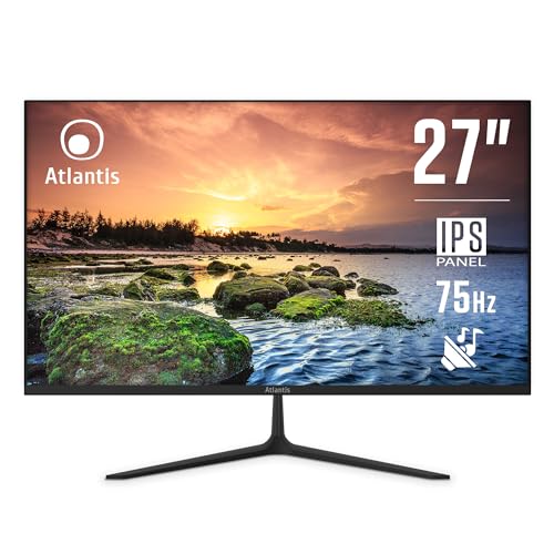 Atlantis Monitor 27 pollici, schermo 27" IPS 75Hz, Full HD 1920x1080, VGA HDMI DP, MULTIMEDIALE, FreeSync, Uscita Audio/Cuffie, inclin, risposta 5ms, Contrasto 1000:1, Angolo 178/178, Cavo HDMI 1,5m