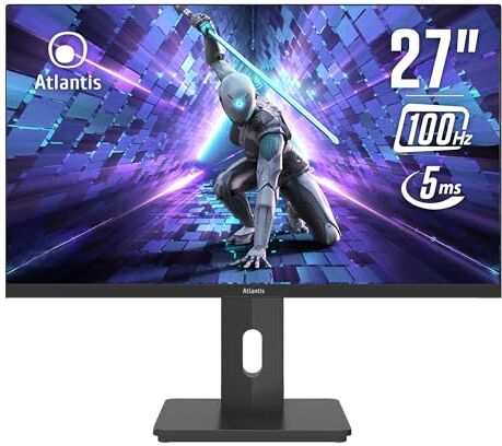 Atlantis Monitor 27 pollici Gaming 100Hz, schermo 27", Full HD 1920x1080, VGA HDMI e DP, MULTIMEDIALE,FreeSync,alzabile inclinabile, pivot risposta 5ms,Contrasto 1000:1,Angolo 178/178,Cavo HDMI e DP