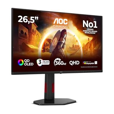 AOC Monitor Q27G4SDR 26.5 pollici, 2560x1440, WQHD, 360Hz, QD-OLED Panel, 0.03ms GtG, USB Hub Height Adjustment, (HDMI2x 2.1 DP 1x 1.4) Adaptive Sync, HDR400 TrueBlack, G-Sync Compatible, Nero AOC Monitor Q27G4SDR 26.5 pollici, 2560x1440, WQHD, 360Hz, QD-OLED Panel, 0.03ms GtG, USB Hub Height Adjustment, (HDMI2x 2.1 DP 1x 1.4) Adaptive Sync, HDR400 TrueBlack, G-Sync Compatible, Nero