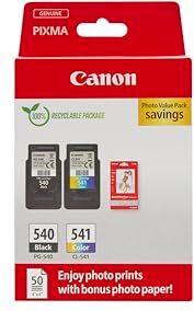 Canon PG-540 CL-541 VALUE Pacchetto di 2 Cartucce d'inchiostro (Nero colore) +50 fogli di carta fotografica 10x15cm Certificato (cartone riciclabile 2024)