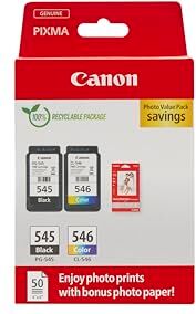 Canon PG-545 CL-546 VALUE Pacchetto di 2 Cartucce d'inchiostro (Nero colore) +50 fogli di carta fotografica 10x15cm Certificato (cartone riciclabile 2024)