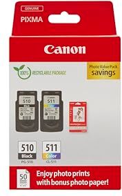 Canon PG-510/CL-511 VALUE Pacchetto di 2 Cartucce d'inchiostro (Nero colore) +50 fogli di carta fotografica 10x15cm Certificato (cartone riciclabile 2024)