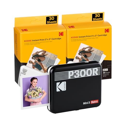 Kodak Mini 3 Retro 4PASS Stampante Fotografica Portatile (7,6x7,6cm) + Pacchetto con 68 Fogli, Nero