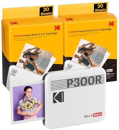 Kodak Mini 3 Retro 4PASS Stampante Fotografica Portatile (7,6x7,6cm) + Pacchetto con 68 Fogli, Bianco