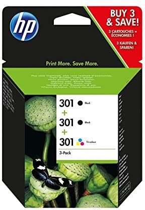 HP 301  Cartucce Originali, 545 Pagine, per Stampanti a Getto di Inchiostro  DeskJet 1050, 2540, 3050,  OfficeJet 2620, 4630 e  ENVY 4500, 5530, Confezione da 3, 2xNero/1xTricromia