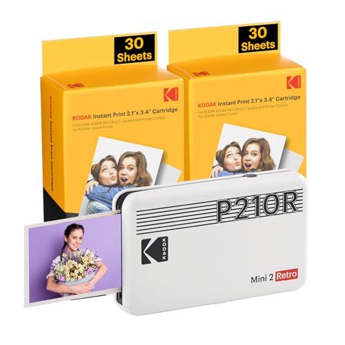 Kodak Mini 2 Retro 4PASS Stampante Fotografica Portatile (5.3x8.6cm) + Pacchetto con 68 Fogli, Bianco