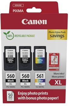 Canon Cartucce d'inchiostro originali PG-560XL x 2 / CL-561XL ad alta capacità, confezione da 3 (2 nere, 1 a colori); Include 50 fogli di carta fotografica 4x6 confezione multipla in cartone