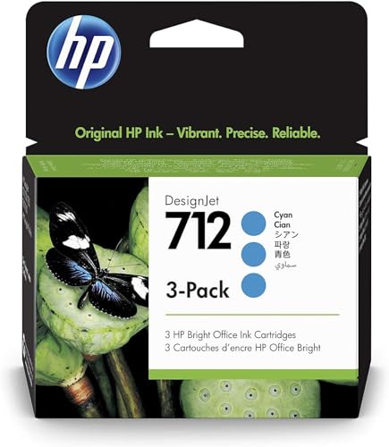 HP 712 3ED77A, Confezione da 3 Cartucce Originale , Compatibile con Stampanti  DesignJet T650, T630, T250, T230, Serie Studio, Ciano