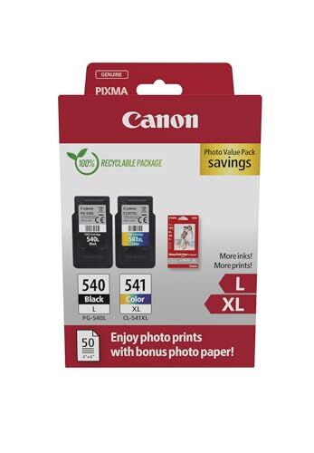Canon PG540 L CL541 XL VALUE Confezione da 2 Cartucce d'inchiostro (Nero L colore XL) +50 fogli di carta fotografica 10x15cm Originale, Cartone Riciclabile 2024