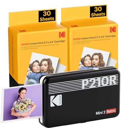 Kodak Mini 2 Retro 4PASS Stampante Fotografica Portatile (5.3x8.6cm) + Pacchetto con 68 Fogli, Nero