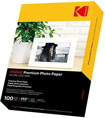 Kodak 200 gsm 4R Premium Inkjet carta fotografica lucida DIN, 10 x 15 cm, 200 g/m², 100 fogli, per stampante a getto d'inchiostro Canon HP Epson