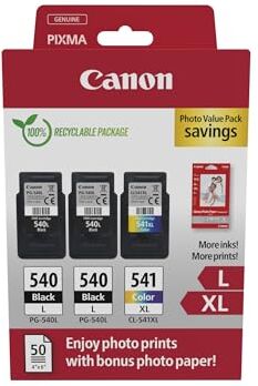 Canon Cartucce d'inchiostro originali PG-540XL x 2 / CL-541XL ad alta capacità, confezione da 3 (2 nere, 1 a colori); Include 50 fogli di carta fotografica 4x6 confezione multipla in cartone