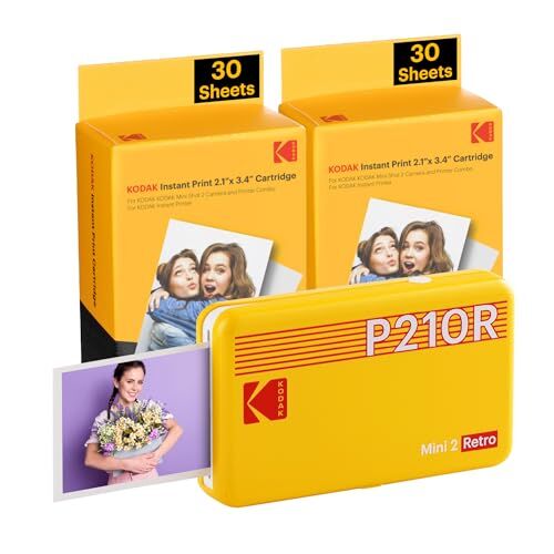 Kodak Mini 2 Retro 4PASS Stampante Fotografica Portatile (5.3x8.6cm) + Pacchetto con 68 Fogli, Giallo
