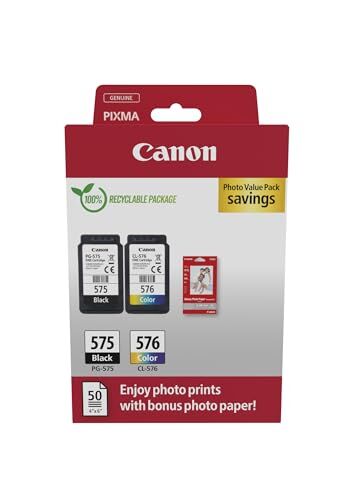 Canon Cartucce d'inchiostro originali PG-575 / CL-576, confezione da 2 (1 nera, 1 a colori); Include 50 fogli di carta fotografica 4x6 confezione multipla in cartone