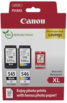 Canon PG-545 XL CL-546 XL VALUE Confezione da 2 Cartucce d'inchiostro (Nero XL colore XL) +50 fogli di carta fotografica 10x15cm Originale, Cartone Riciclabile 2024