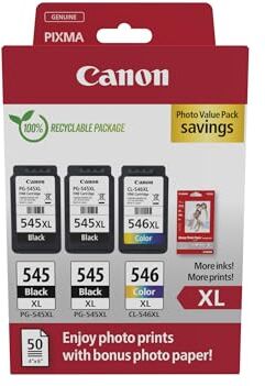 Canon Cartucce d'inchiostro originali PG-545XL x 2 / CL-546XL ad alta capacità, confezione da 3 (2 nere, 1 a colori); Include 50 fogli di carta fotografica 4x6 confezione multipla in cartone