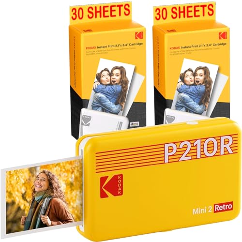 Kodak Mini stampante P210 Retro 2 + cartuccia e carta per 60 foto, stampante collegata Bluetooth, foto formato CB 5,3 x 8,6 cm, batteria al litio sublimazione termica 4pass