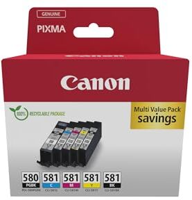 Canon PGI-580 CLI-581 BK C M Y PGBK Confezione da 5 Cartucce d'inchiostro (Nero Ciano Magenta Giallo Pigmento nero colore) Originale, Cartone Riciclabile 2024