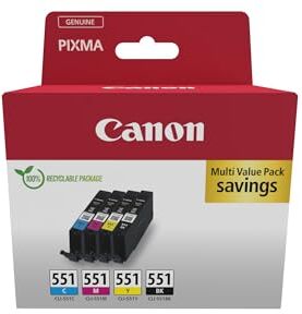 Canon CLI-551 C M Y BK Confezione da 4 Cartucce d'inchiostro (Nero Ciano Magenta Giallo) Originale, Cartone Riciclabile 2024