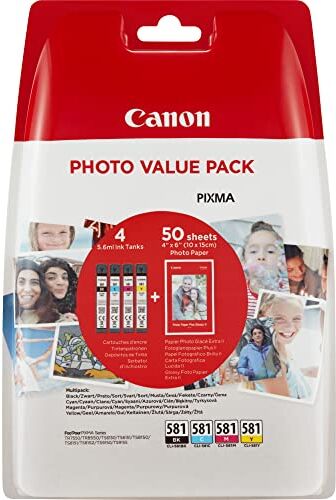 Canon CLI-581 C M Y BK VALUE Confezione da 4 Cartucce d'inchiostro (Nero Ciano Magenta Giallo) +50 fogli di carta fotografica  10x15cm Originale , Imballaggi in Plastica Obsoleti 2018