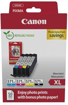 Canon CLI-571 XL C M Y BK Confezione da 4 Cartucce d'inchiostro (Nero XL Ciano XL Magenta XL Giallo XL) Originale, Cartone Riciclabile 2024