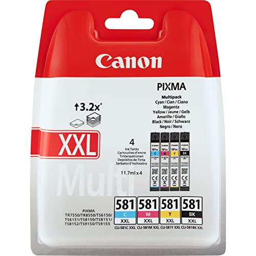 Canon CLI-581 XXL C M Y BK Confezione da 4 Cartucce d'inchiostro capacità XXL (Nero XXL Ciano XXL Magenta XXL Giallo XXL) Originale , Imballaggi in Plastica Obsoleti 2018