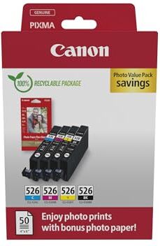 Canon CLI-526 C M Y BK VALUE Confezione da 4 Cartucce d'inchiostro (Nero Ciano Magenta Giallo) +50 fogli di carta fotografica 10x15cm Originale, Cartone Riciclabile 2024