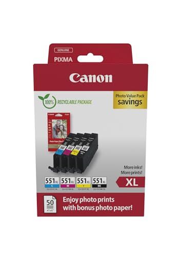 Canon CLI-551 XL C M Y BK Confezione da 4 Cartucce d'inchiostro (Nero XL Ciano XL Magenta XL Giallo XL) Originale, Cartone Riciclabile 2024