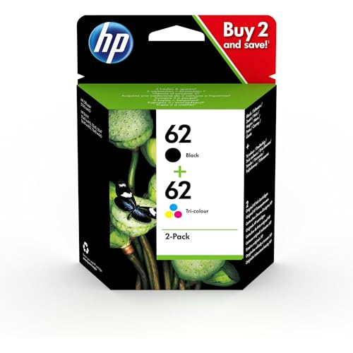 HP 62 Nero e Tricromia, , confezione da 2 Cartucce Originali , Compatibili con Stampanti  Envy 5540, 5642, 5644, 5742, 7640,  Officejet Moobile serie 200