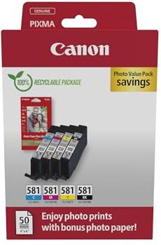 Canon CLI-581 C M Y BK VALUE Confezione da 4 Cartucce d'inchiostro (Nero Ciano Magenta Giallo) +50 fogli di carta fotografica 10x15cm Originale, Cartone Riciclabile 2024