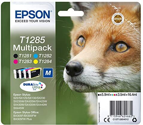 Epson DURABrite Ultra T1285 Volpe, Multipack 4 Colori, Nero, Ciano, Magenta, Giallo, Cartuccia Originale, Getto d'Inchiostro per Stampa Casa e Ufficio