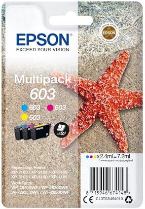 Epson Serie 603 Stella Marina Cartucce originali per Stampante getto d'Inchiostro, Multipack 3 colori (Ciano, Magenta, Giallo) Formato STD, Stampe Casa/Ufficio fino 130 Pagine, Confezione Retail