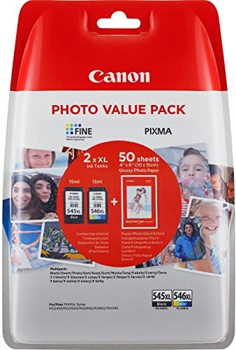 Canon PG-545 XL CL-546 XL VALUE Confezione da 2 Cartucce d'inchiostro (Nero XL colore XL) +50 fogli di carta fotografica 10x15cm Originale, Imballaggi in Plastica Obsoleti 2018