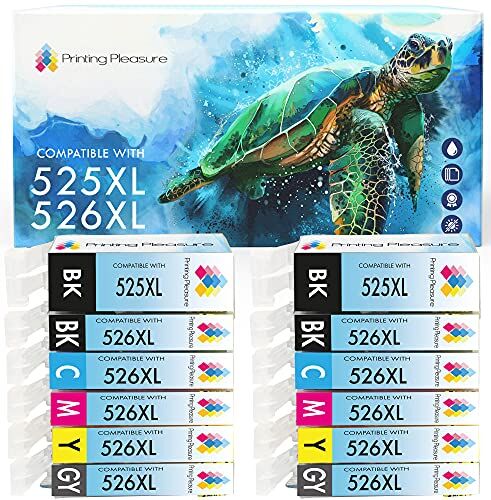 Printing Pleasure 12 Compatibili PGI-525 CLI-526 Cartucce d'inchiostro per Canon Pixma MG5150 MG5250 MG6150 MG6250 MG8150 MG8250 MX885 iP4850 iP4950 iX6550 Nero/Nero Foto/Ciano/Magenta/Giallo/Grigio, Alta Capacità