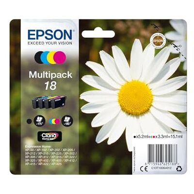 Epson Multipack di cartucce originali Claria Margherita 18XL 4 colori: Cartuccia nero, ciano, magenta, giallo 1 x 11,5 ml, 3 x 3,6 ml I migliori risultati con gli inchiostri originali Epson Multipack di cartucce originali Claria Margherita 18XL 4 colori: Cartuccia nero, ciano, magenta, giallo 1 x 11,5 ml, 3 x 3,6 ml I migliori risultati con gli inchiostri originali