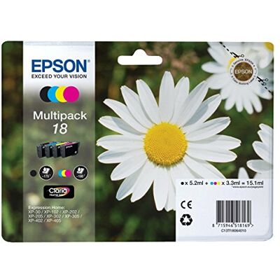 Epson Serie 18 Margherita Cartucce originali Claria Home per Stampante Inkjet, Multipack 4 Colori Formato STD, Stampe Casa/Ufficio fino 180 pagine a colori/175 black, Confezione Retail Epson Serie 18 Margherita Cartucce originali Claria Home per Stampante Inkjet, Multipack 4 Colori Formato STD, Stampe Casa/Ufficio fino 180 pagine a colori/175 black, Confezione Retail
