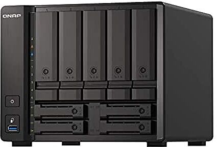 QNAP 9-Bay QuTS hero NAS TS-H973AX-8G Up to 9 HDD/SSD Hot-Swap. Ryzen V1500B Quad-Core. Processor frequency 2.2 GHz. 8 GB. DDR4. 2x2.5GbE. 1x10GbE. 1xUSB Type-C 3.2 Gen 2. 3xUSB Type-A 3.2 Gen 2