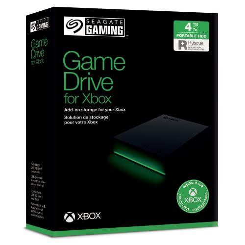 Seagate Game Drive for Xbox, 4TB, External Hard Drive Portable, USB 3.2 Gen 1, Black with built-in green LED bar, Xbox Certified, 2 year Rescue Services (STKX4000402)