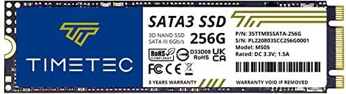 Timetec SSD 3D NAND TLC SATA III 6Gb/s M.2 2280 NGFF 64TBW Read Speed Up to 520MB/s SLC Cache Performance Boost Internal Solid State Drive for PC Computer Laptop and Desktop (256GB)