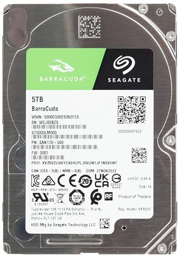 Seagate BarraCuda, 5 TB, Hard Disk Interno, SATA da 6 GBit/s, 2,5", 5.400 RPM, Cache da 128 MB per PC Desktop e PC Portatili (ST5000LM000)