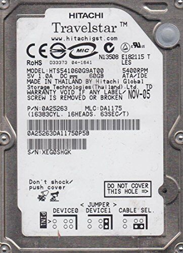 Hitachi HTS541060G9AT00, PN 0A25263, MLC DA1175,  60GB IDE 2.5 Hard Drive