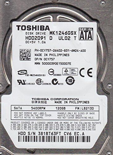 Toshiba MK1246GSX, LB213D, HDD2D91 D UL02 T, 120GB SATA 2.5 Hard Drive