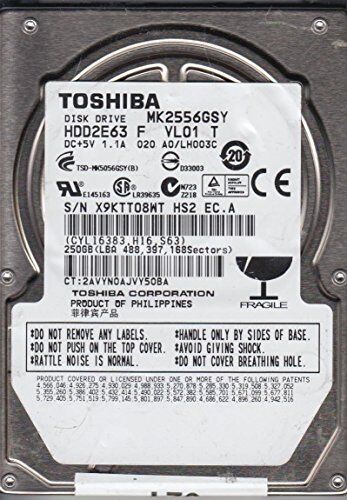 Toshiba MK2556GSY, A0/LH003C, HDD2E63 F VL01 T,  250GB SATA 2.5 Hard Drive