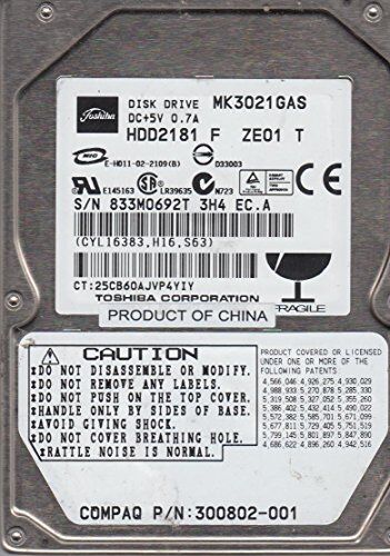 Toshiba MK3021GAS, HDD2181 F ZE01 T, 30GB IDE 2.5 Hard Drive