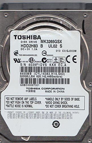 Toshiba MK3265GSX, C0/GJ003M, HDD2H83 B UL02 S, 320GB SATA 2.5 Hard Drive