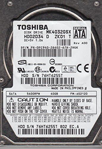 Toshiba 40GB Serial ATA HDD 40GB Serial ATA internal hard drive internal hard drives (40 GB, Serial ATA, 5400 RPM, 2.5", 8 MB, 12 ms)